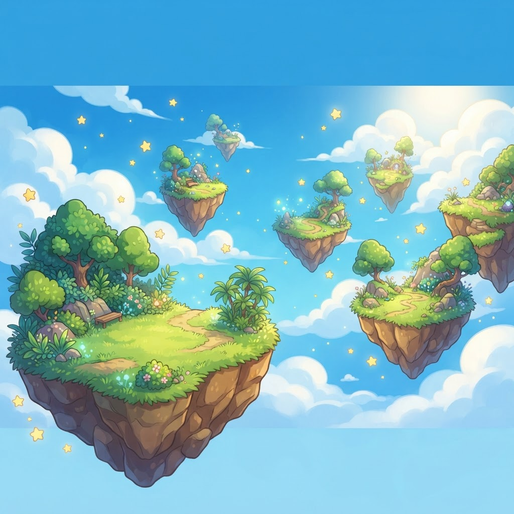 Floating grassy sky islands drifting among clouds